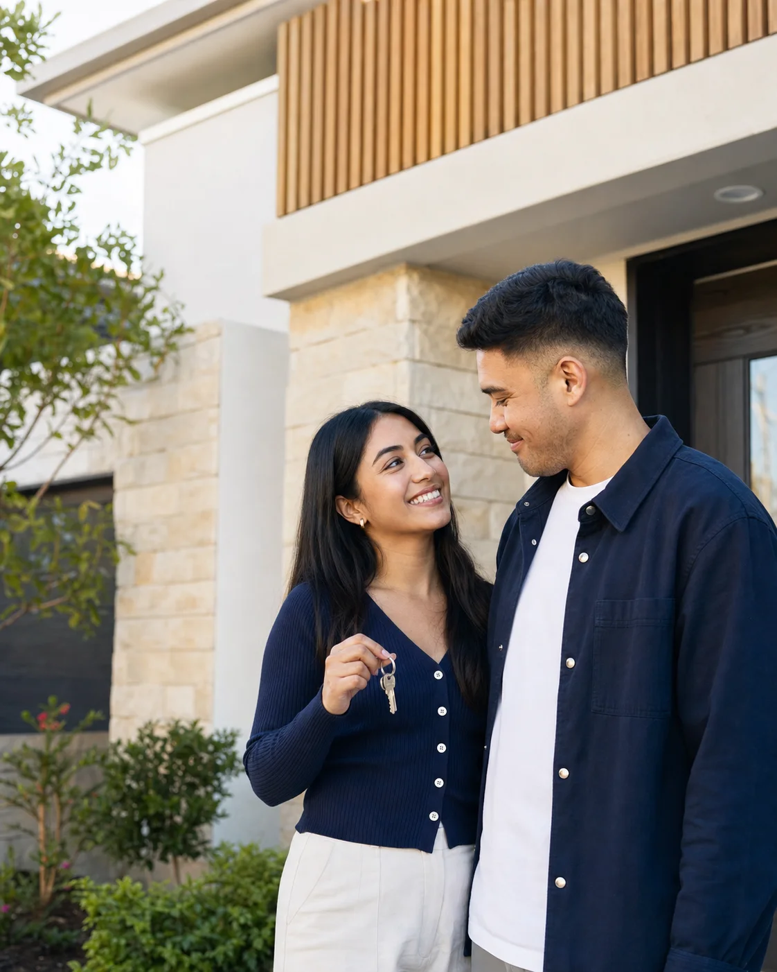 A couple outside their new Australian home