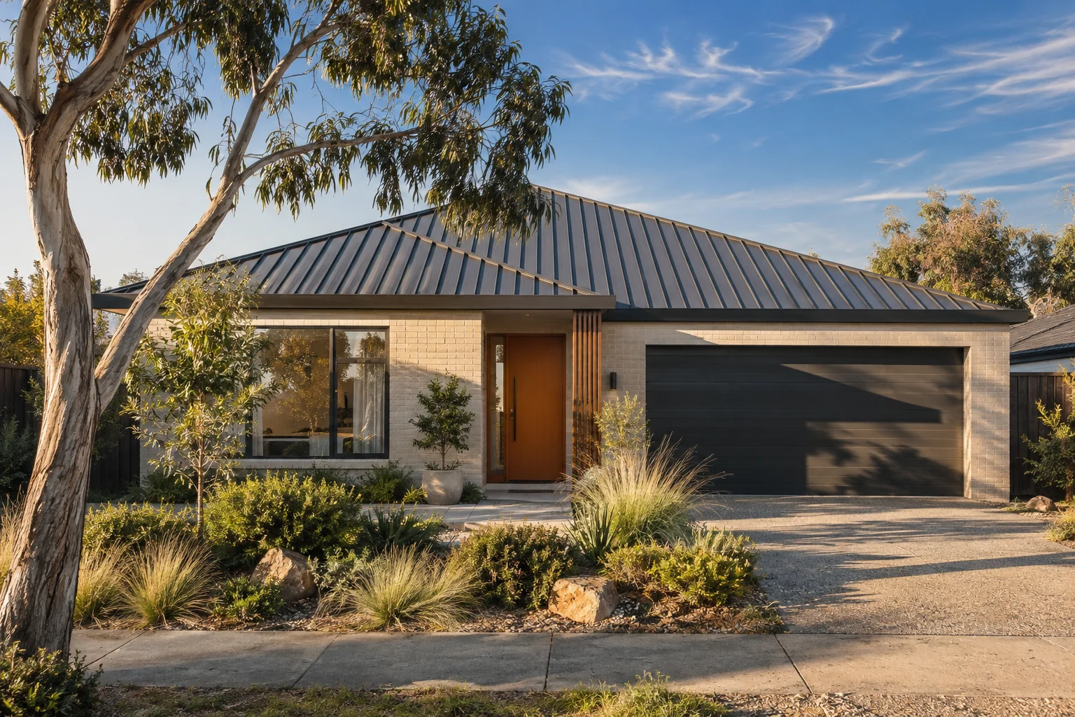 Contemporary Australian brick home with an orange front door and native landscaping